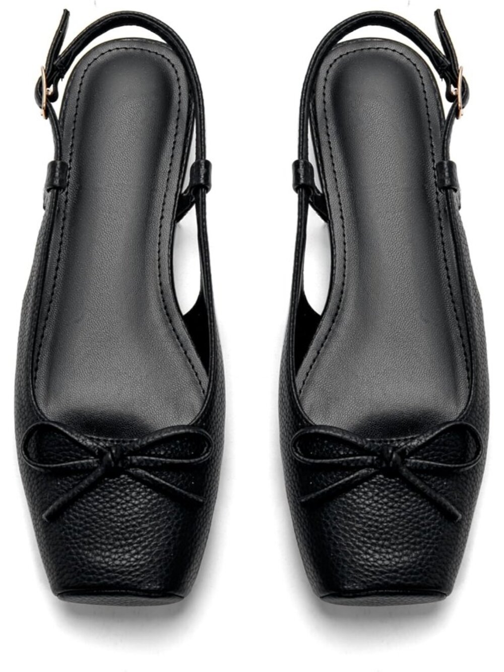 Women's Black Stone Slingback Square Toe Bow Knit Ankle Buckle Satin Ballet Flat